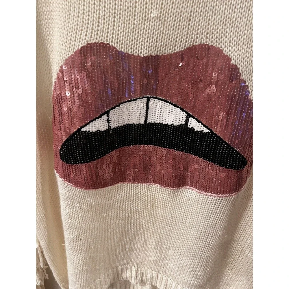 Boutique REHAB Lips Pullover SWEATER Womens SZ M Ivory Fringe Sequin grunge edgy